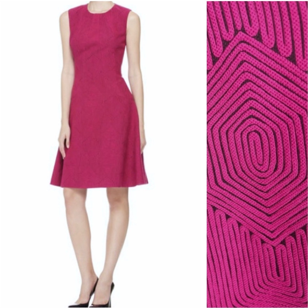 LELA ROSE Fuschia Hot Pink Geometric Textured Flare Dress Size 8